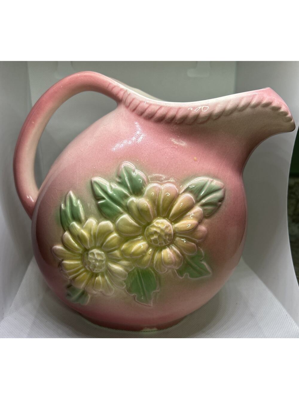 Hull Pottery Pink with Yellow Daisey Water Pitcher Model 55 Made in USA